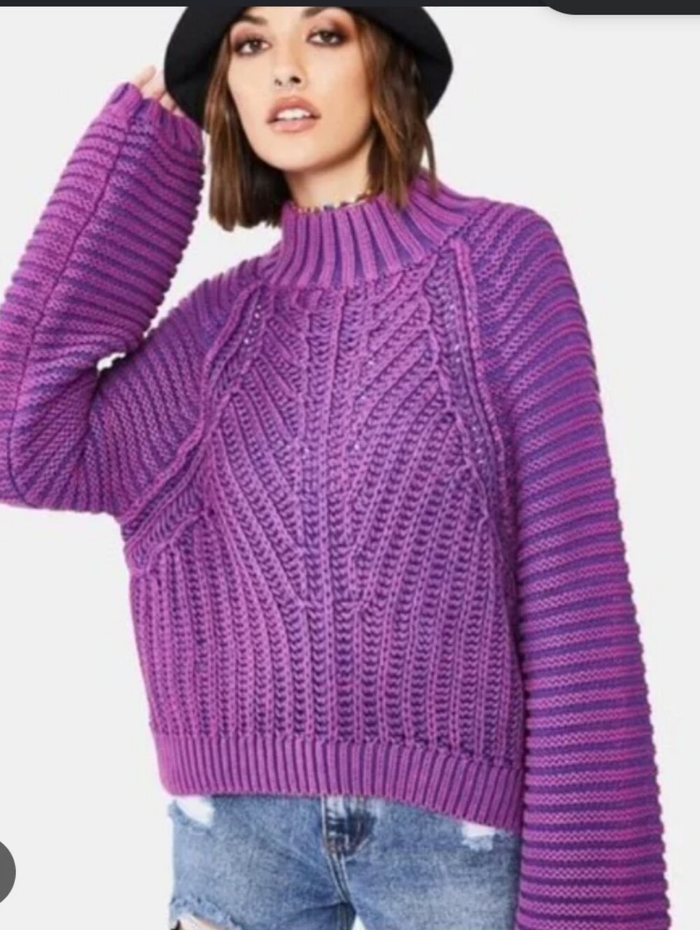 Free People Purple Cable Mock-Neck Sweater